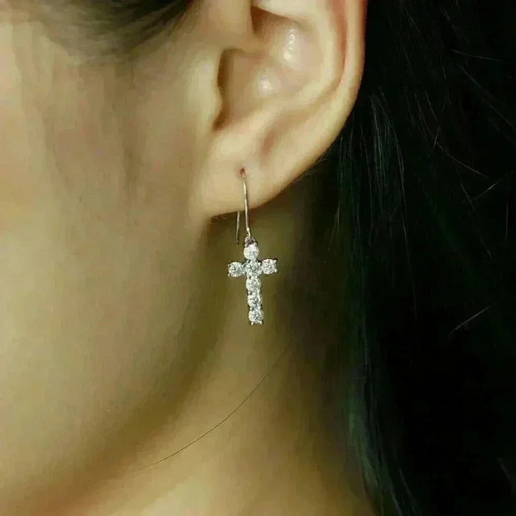 NEW Sterling Silver Diamond Cross Drop Earrings - Picture 2 of 4